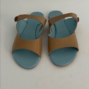 Frances Valentine Molly in Camel Patent Leather with Brown Button Sandal
